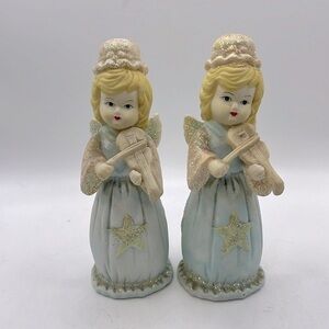 Set Of 2 Girl Blonde Angels Playing Instruments Violin Blue Glitter Figurine